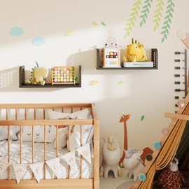 LUPWNEKA Black Rattan Shelf Set of 2, Nursery Shelves Wall Mounted, Natural Hanging Bookshelf Storage, Boho Decorative Floating Shelves for Kids Room, Living Room, Play Room, Bedroom, Home Decor