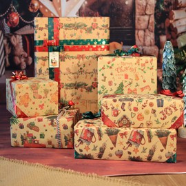 FullJoyHut Christmas Wrapping Paper Set, 6 Sheets Recycled Xmas Kraft Paper 70x50cm with Christmas Paper Gift Tags Stickers and Ribbon for Xmas Gift Wrapping