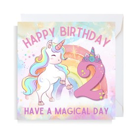 Second Ave Cute Pink Unicorn 2nd Birthday Age 2 Square Birthday Greeting Card for Girl