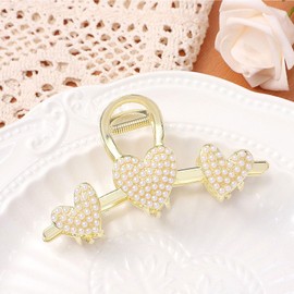 Pearls Heart Hair Clips Valentines Day Hair Accessories for Women Girls Pearl Gold Metal Hair Claw Clips Shiny Hearts Hairpins Strong Hold Hair Clip for Thick or Thin Hair Decoration 1 Pcs