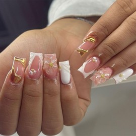 Toypoels Summer Style French Tip Press-On Nails, 24pcs Medium Square False Nails with Flower & Pearl Designs, Full Cover Gold Chrome Glue-On Nails for Women