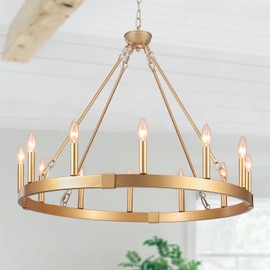 Puyveyor 31.5" 12-Light Gold Wagon Wheel Chandelier, Gold Farmhouse Chandeliers for Dining Room Living Room Foyer Entryway Kitchen Island