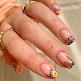 Square Press on Nails Short Cute Floral Nails Acrylic False Nails with Rainbow Flower Designs Artificial Nails Press ons Reusable Glue on Nails for Women and Girls 24 Pcs