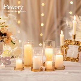 Hewory Hurricane Candle Holder for Pillar Candles: Gold Votive Candle Holders Set of 12, Glass Hurricane with Metal Candle Plate, Pillar Candle Holder for Table Centerpiece Wedding Holiday Home Decor