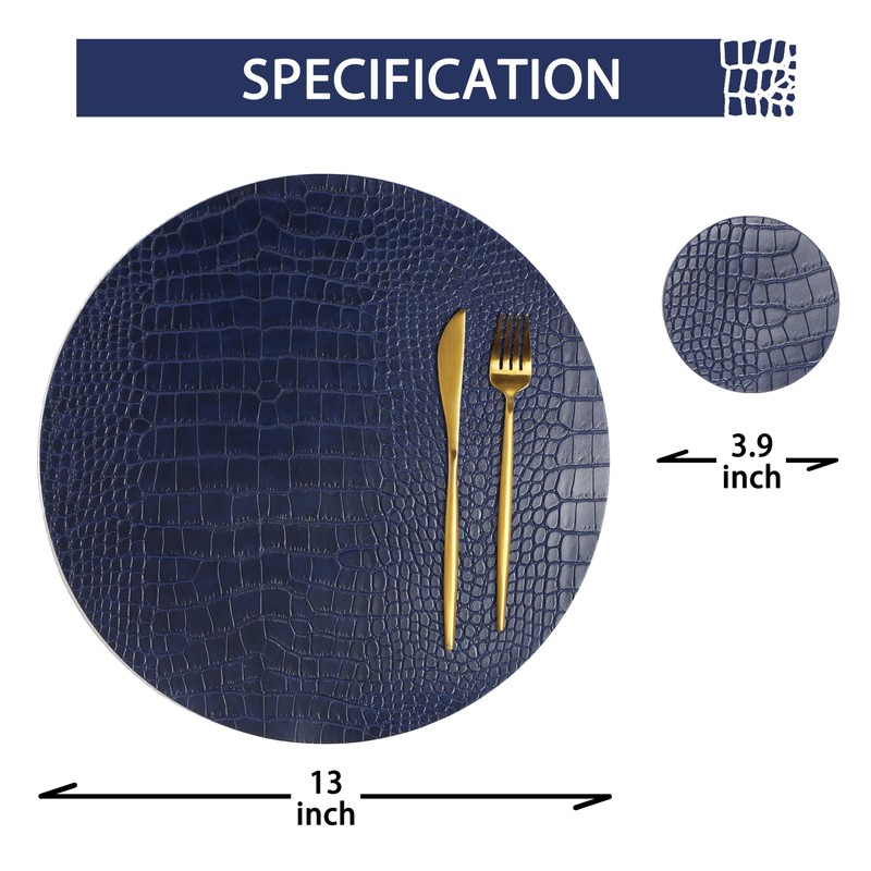Round Leather Placemats for Round Tables Set of 6, Blue