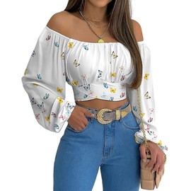 MIRACMODA Women Off Shoulder Ruched Tie Back Lantern Sleeve Crop Top Boho Floral Summer Casual Blouse