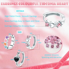 Dochais 3 pairs of earrings 925 silver, earrings gold hoop earrings, silver earrings women's 925, hoop earrings, hypoallergenic, pink zirconia heart black coloured hearts, Brass, Zircon
