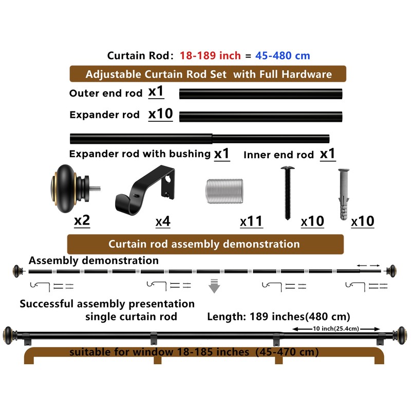 Curtain Rods 18-189 inch, for Window 180 Inch, Adjustable Length