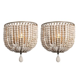 Newrays Vintage Wood Bead Wall Lamp Retro Antique with Hard Wired for Bedroom Fixtures (Gray White-2 Pack)