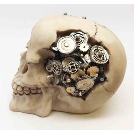 Ebros Steampunk Cyborg Protruding Gearwork Human Skull Statue Sci Fi Clockwork Gear Design Skeleton Cranium Figurine