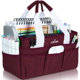 JJRING Craft Organizer Tote Bag, Art Storage Caddy with Multiple Pockets, Dark Red Sewing Bag for Art, Craft, Scrapbooking, School, Medical, and Office