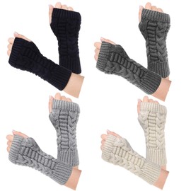 Loritta Women's 4 Pairs Fingerless Winter Warm Knit Crochet Thumbhole Arm Warmers Gloves, Style 1-beige/Light Grey/Dark Grey/Black, Large