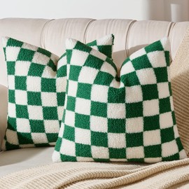 AmHoo Pack of 2 Decorative Throw Pillow Covers Checkerboard Luxury Super Soft Faux Fur Wool Set Case Cushion for Couch Sofa Bedroom 20 x 20-Inch Green