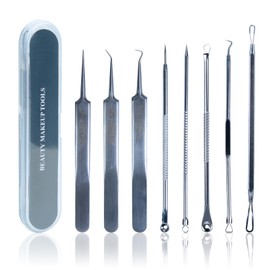 Blackhead Mitesserentferner-Set, 8-teilig, aus Edelstahl, mit Pinzette und Etui für Mitesser, Akne, Pickel
