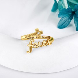 Faith Ring 925 Sterling Silver Cross Faith Ring Adjustable Christian Spoon Rings Religion Jewelry For Women Daughter Friend-Gold