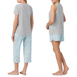 Carole Hochman - Conjunto de pijama de 4 piezas 100% algodón para mujer, playera con cuello en V, sin mangas, pantalones capri y pantalones cortos con cordón y bolsillos, Gris Caliente, Small