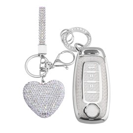Vicoca for Nissan 4 Buttons Key fob Cover with Diamond Heart Keychain, Car Accessories TPU for Rogue SL Ariya FWD Pathfinder X-Trail Sentra SV 2023 2024 2025 285E3-7LA6A, Silver Clear