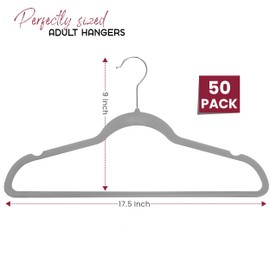 LDC LUX DECOR COLLECTION White Velvet Hangers 50 Pack - Premium Non Slip Clothes Felt Hanger for Coat, Pants, Suits, Shirts - Heavy Duty Space Saving 360 Rotatable Hook Hangars - Grey