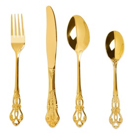 Tlguangw Luxury 16 Pieces Stainless Steel Flatware set, Service for 4, silver plated with gold accents, Fine Silverware set and Dishwasher Safe (Gold)