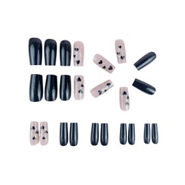 Press on Nails Medium Square Valentine's Day Black Love Heart Gold Lines False Nails with Design French Fake Nails Artificial Acrylic Nails Full Cover Glossy Coffin Nails Glue on Nails for Women 24Pcs