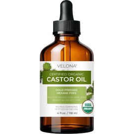 Velona USDA Certified Organic Castor Oil - 4 oz (With Dropper) For Hair Growth, Boost Eyelashes, Eyebrows Cold pressed, Natural Oil USP Grade Hexane Free, Lash Growth Serum, Caster Oil, Cap Kit