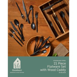 Bloomhouse - Oprah's Favorite Things - 20 Piece Stone Washed Black Flatware 18/10 Stainless Steel Silverware Cutlery Utensil Set With Acacia Wood Caddy - Service for 4