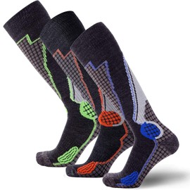 High Performance Wool Ski Socks - Thermal Warm Merino Wool OTC Sock, Men Women (3 Pairs - Black/Blue(1)+Black/Neon Green(1)+Black/Orange(1), Small)
