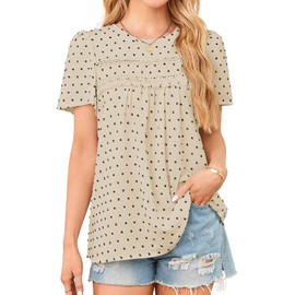 Falechay Babydoll Apricot-Black Dots Tops for Women Swiss Dots Cute Pom Pom Chiffon Floral Blouse Lace Boho Round Neck Short Sleeve M