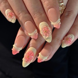 Ligth Yellow Press on Nails Medium Almond Handmade Nails with Glue,Handmade False Nails French Tip Nail Press ons 5D Flower Art Design Muti-Layer Gel Nail Luxury False Nails for Women (Size M)