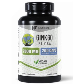Healthfare Ginkgo Biloba 7500mg | 200 Capsules | Supports Focus & Memory | Vegan | Non-GMO | Made in The USA