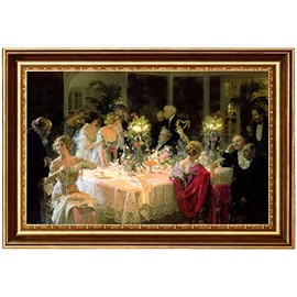 ELITEART-The End of Dinner by Jules-Alexandre Grun Oil Painting Reproduction Giclee Wall Art Canvas Prints-Framed Size:34 1/2" x24 1/2"