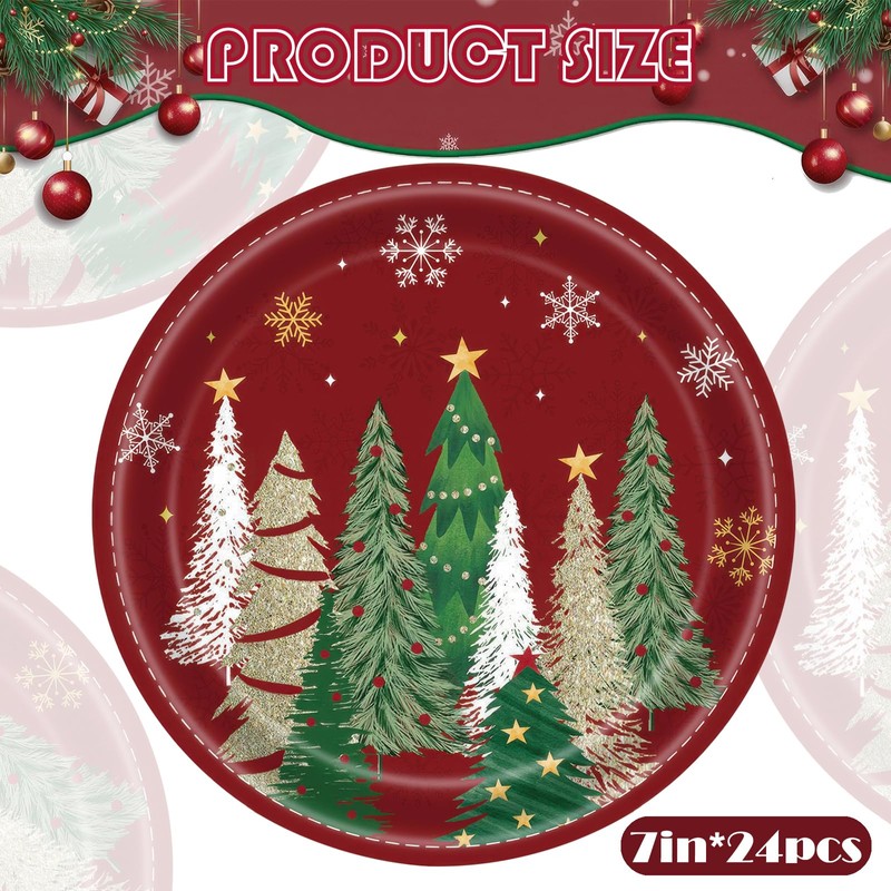 24 Pcs Christmas Paper Plates Red Green Merry Christmas Snowflake