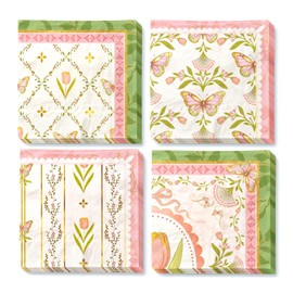 NICROHOME EUR Vintage Floral Paper Napkins 10x10 Inch (Unfolded) - 24 Count Disposable Napkins, Pink Green Tulip Butterfly Design 3-Ply Cocktail Napkins for Wedding, Birthday, Easter, Garden Tea Party