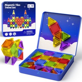 Mini Magnetic Tiles Travel Kit for Kids Ages 3-8, 60pcs Portable Magnetic Building Blocks with Visual Storage Guide & Metal Play Base, STEM Sensory Toys for Preschool Learning