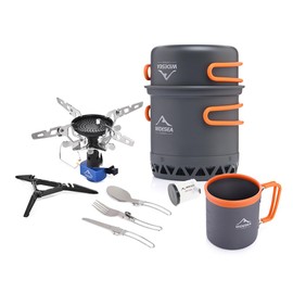 Widesea 1-2 Person Camping Cookware Set – Backpacking Pot with Heat Efficiency Ring, 3300W Folding Stove, 480ML Insulated Aluminum Mug, Utensils & Spice Container – Compact Outdoor Cooking Kit