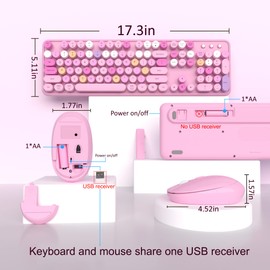 Wireless Keyboard and Mouse, Links9+ Full-Size Retro Typewriter Keyboard with Round Keycaps, 2.4GHz for Windows, Mac, Laptop, PC, Desktop (Pink Colorful)