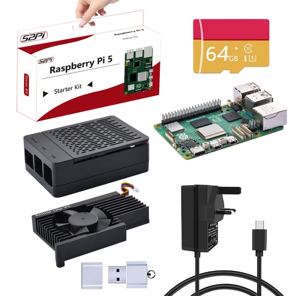 GeeekPi Raspberry Pi 5 4GB Starter Kit with 64GB SD Card, Raspberry Pi 5 Case with Armor Lite V5 Cooler PWM Active Cooler Cooling Fan, Raspberry Pi 27W 5.1V 5A Netzteil for Raspberry Pi 5 (4GB RAM)