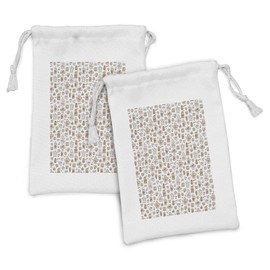Ambesonne Tea Party Fabric Pouch Set of 2, Scattered Motifs of Coffee French Press Mocha Pot Cupcake Pastry Pretzels, Small Drawstring Bag for Toiletries Masks and Favors, 9" x 6", Pale Caramel Peach