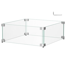 BriSunshine 16" x 16" x 6" Glass Wind Guard for Propane Gas Fire Pit Table, Square Thick Tempered Glass Shield, Firepit Glass Barrier with Aluminum Corner Bracket & Rubber Feet
