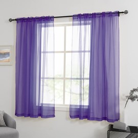 HUTO Short Purple Sheer Curtains 45 Inch Length for Girls Room Rod Pocket Sheer Window Drapes for Kitchen Bedroom Bathroom,Purple 2 Panels