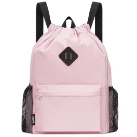 WANDF Drawstring Backpack Sports Gym Bag with Shoes Compartment, Water-Resistant String Backpack Cinch for Women Men (Pink,Large)