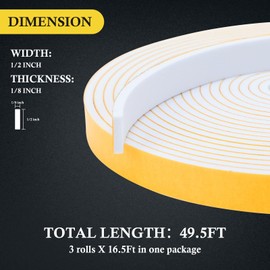 fowong Weather Stripping Strong Adhesive White Weather Stripping 1/2 Inch Wide X 1/8 Inch Thick, Door Seal Strip for Door Frame and Windows Insulation, 3 X 16.5 Ft Each, Total 49.5 Feet