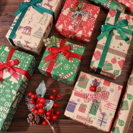 Christmas Wrapping Paper Sheets, 8 Sheets Vintage Xmas Wrapping Paper Set with Stickers, Christmas Tree/Reindeer/Gift Boxes/Candy Designs Gift Wrapping Paper for Christmas, New Year, Holiday, 20×28inch
