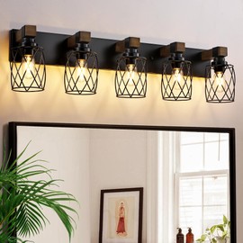 XvmBvm Farmhouse Bathroom Vanity Light, 5-Light Wood Bathroom Light Fixtures Over Mirror, Black Industrial Vanity Lights with Metal Shade, Rustic Bathrooms Lighting for Living Room, Bedrooms, Hallway