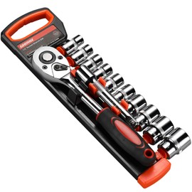 Egofine 12pcs 1/2 Inch Ratchet Socket Wrench Set, Drive Socket Set with 10 Sockets 10-15,17,19,22,24mm and 2 Way Quick Released Ratchet Handle and Extension Bar