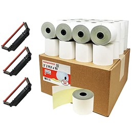 (30 Rolls + 3 Ribbons) 2 Ply Carbonless Rolls 3" X 95 Feet White/Yellow Receipt Paper POS Cash Register White/Canary With 3 Pcs of Star SP700 Ribbons – 30 Two Ply Rolls Fits SP2000 UP389 TMU 220 250