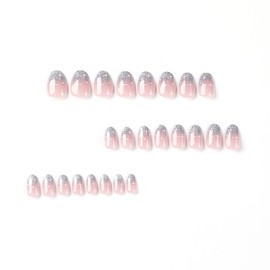 Press on Nails Short Silver Glitter Powder False Nails Oval False Nails Artificial Acrylic Nails White Stars Design French Stick on Nails Full Cover Reusable Coffin Nails Glue on Nails for Women