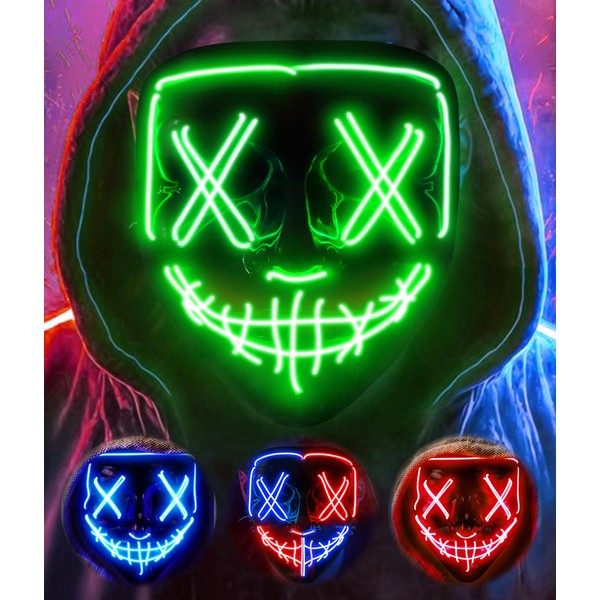 Colplay LED Light Up Halloween Mask,Scary Glow LED Face Mask with 3 lighting Modes & El Wire for Costume&Cosplay Party.Adjustable&Eco-Friendly Material for Men Women Kid-GREEN