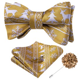 Hi-Tie Christmas Bow tie for Men Self Bow Tie Lapel Pin Sets Pocket Square Cufflinks Silk Xmas Party Festival,Gold White Reindeer