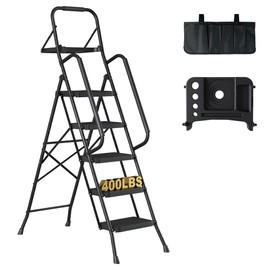 BONTEC 5-Step Ladder, Folding Step Stool with Tool Platform, Tool Bag, and Handrails, Wide Anti-Slip Pedals, Sturdy Steel Ladder with a Max Load Capacity of 400 lbs, for Household Use, Black
